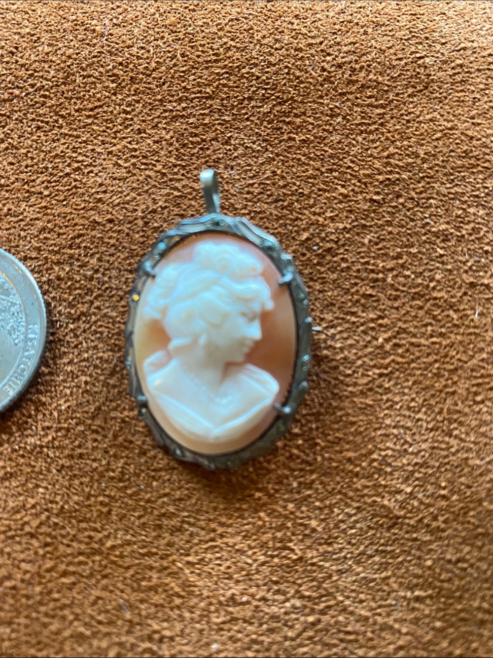 cameo Peach and White Carved Profile Pendant Necklace